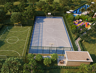 Quadra de gramado sintético e quadra poliesportiva de tênis