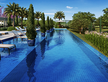 Piscina com borda infinita com raia de 25m, deck molhado e piscina infantil.